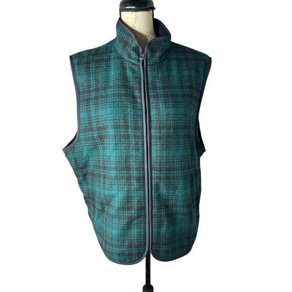Vintage ‎ L.L. Bean Wool Check Plaid Sherpa LinedZip Up Vest Mens M Green EUC